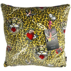 Ed Hardy Decorative Pillow 20x20 Leopard Tiger Tattoo Print Plush Yellow NEW